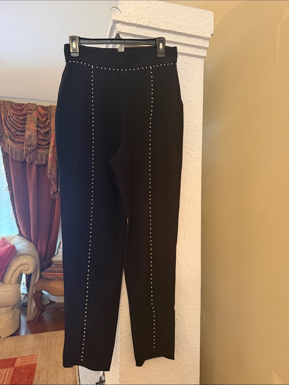 Alexander McQueen Black Knit Ankle Pants with White pearls